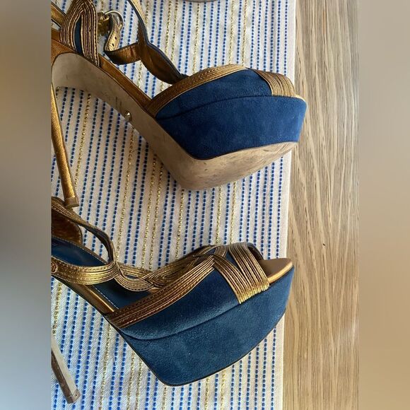 SERGIO ROSSI Bronze and Blue Metallic Platform Sandal Heels Size 39 - Picture 11 of 14